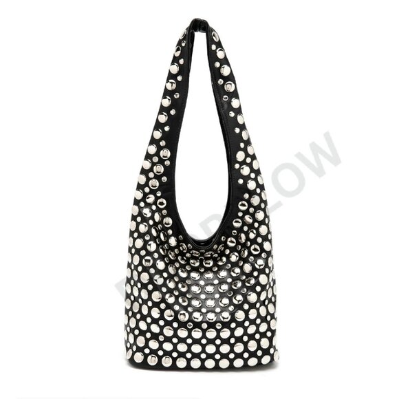 Studded Hobo Bag Y2K Punk Shoulder Purse Soft Leather Bucket Tote - Picture 1 of 8